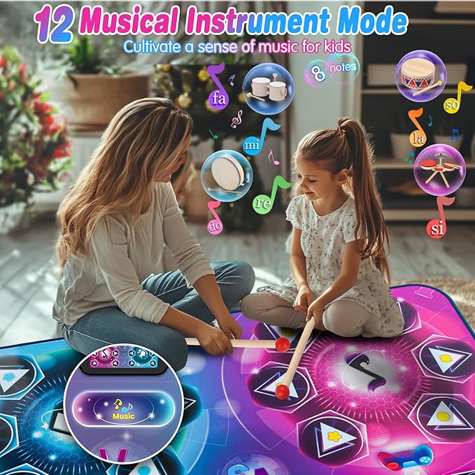 Dance Mat Toy Gift for Kids ages 3-12, Dancing Music Playmat with 12 Key, Large Size (59*38 in), Double User Challenge Game Christmas Birthday Gift for Girls Boys 5 6 7 8 9 10 11 12 Year Old-CubbioJoy