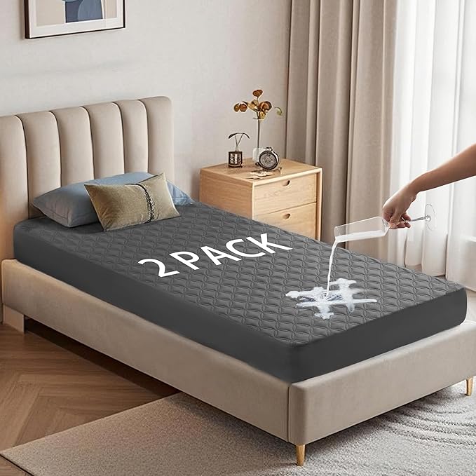 2 Pack Waterproof Mattress Protector, Twin XL Size Mattress Pad with Deep Pocket 6"-15" Depth, Soft Breathable Dirt-Proof Single Bed Mattress Cover for Bedroom, Dorm Room (Gray)-CubbioJoy