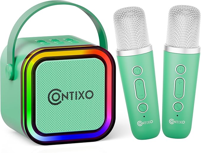 Contixo KS1A Kids Mini Karaoke Machine with LED Lights, 7–10H Playback, Dual Wireless Mics, Magic Voice Effects, Bluetooth Speaker for Children, Portable Singing Toy Gift for Boys & Girls, Green-CubbioJoy