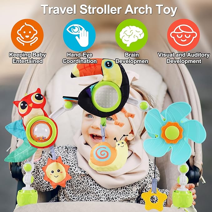 Adjustable Arch Bassinet Toys for Infant & Toddlers, Stroller Arch, Baby Crib Toys with Fascinating Hanging for Stimulating Baby’s Senses and Developing Motor Skills-CubbioJoy
