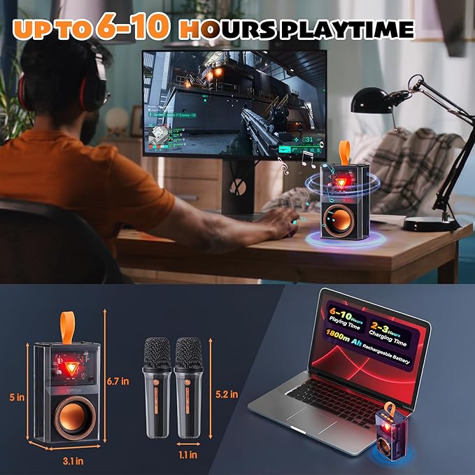 Karaoke Machine for Kids & Adults, Portable Bluetooth Mini Karaoke Speaker with 2 Wireless Microphone and Lights, Birthday Gifts for Girls & Boys, Toys for Girls, Family Home Party (Black)-CubbioJoy