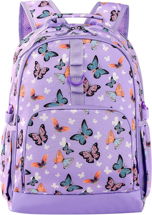 Choco Mocha Butterfly Backpack for Girls, Elementary School Backpack for Girls Ages 6-8 Kids Kindergarten Backpack Bookbag 17 Inch with Chest Strap, Purple-CubbioJoy