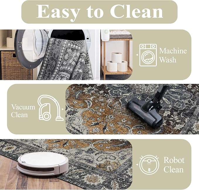 9x12 Area Rug Living Room Rugs, Stain Resistant Washable Rug, Vintage Large Non-Slip Backing, Low Pile Lightweight Print Rug for Bedroom Dinning Room Home Office (Tan/Gray)-CubbioJoy