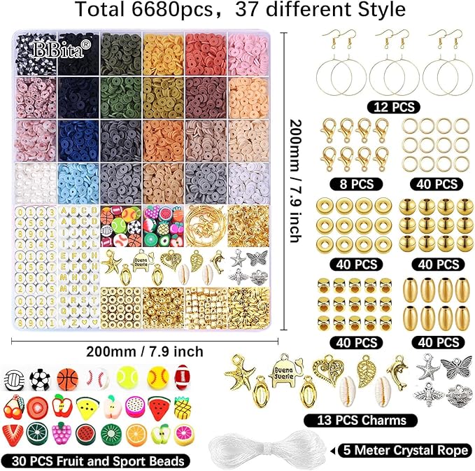 BBita 6680Pcs Clay Beads Bracelet Making Kit, Flat Preppy Beads for Friendship Bracelets, Polymer Clay Beads with Charms for Jewelry Earrings Necklaces Making Kit, Crafts Gifts for Girls Ages 6-12-CubbioJoy