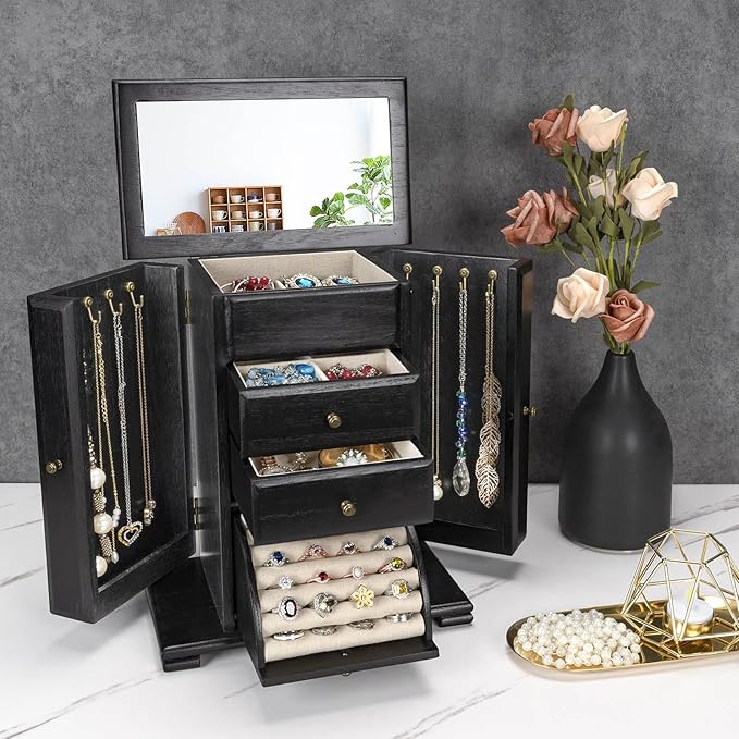 Jewelry Box for Women, Rustic Wooden Jewelry Boxes & Organizers with Mirror, 4 Layer Jewelry Organizer Box Display for Rings Earrings Necklaces Bracelets (Black)-CubbioJoy