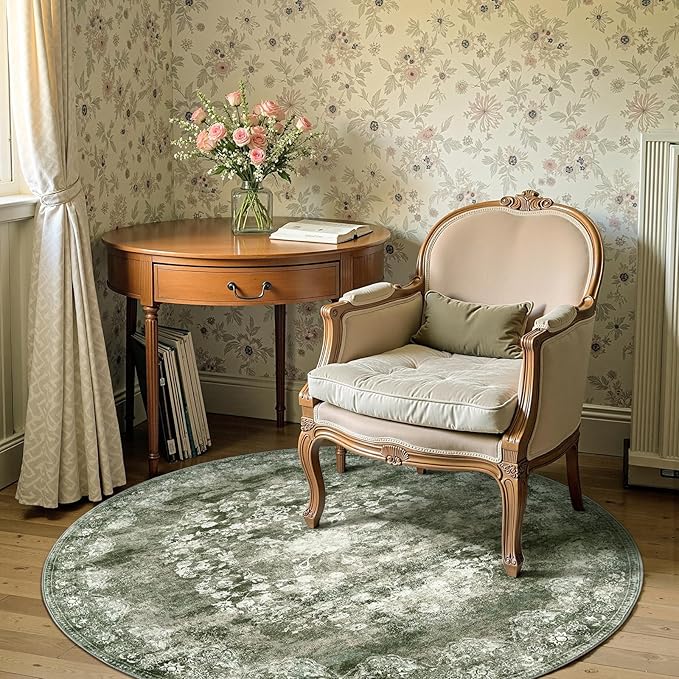 jinchan Round Rug 5ft Area Rug - Green Vintage Floor Mat Kitchen Indoor - Washable Circle 5' Thin Floral Print Carpet Retro Farmhouse Non Slip Dining Room Living Room Bedroom Office-CubbioJoy