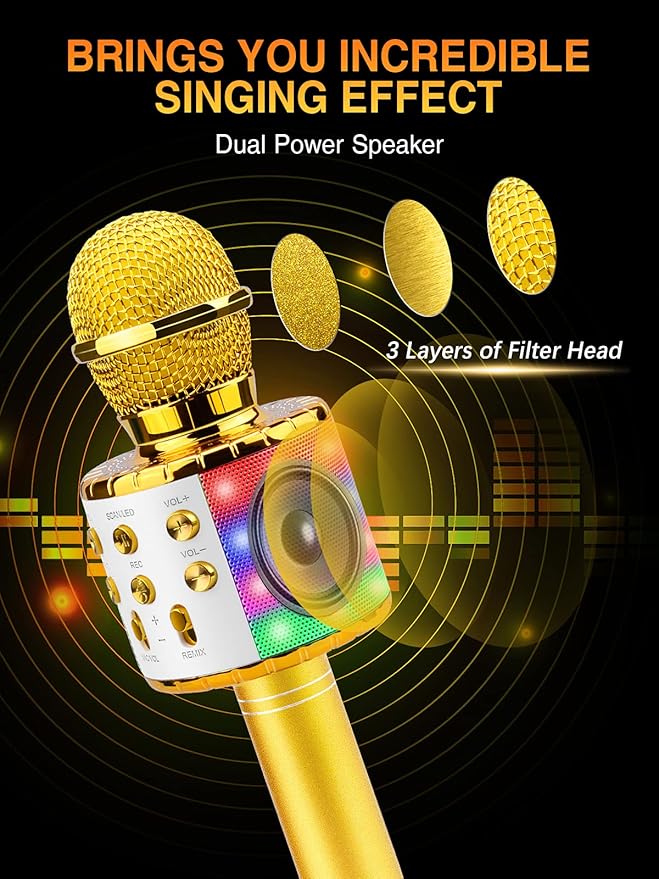 BlueFire 4 in 1 Karaoke Wireless Microphone with LED Lights, Portable Microphone for Kids, Great Gifts Toys for Kids, Girls, Boys and Adults (Gold)-CubbioJoy