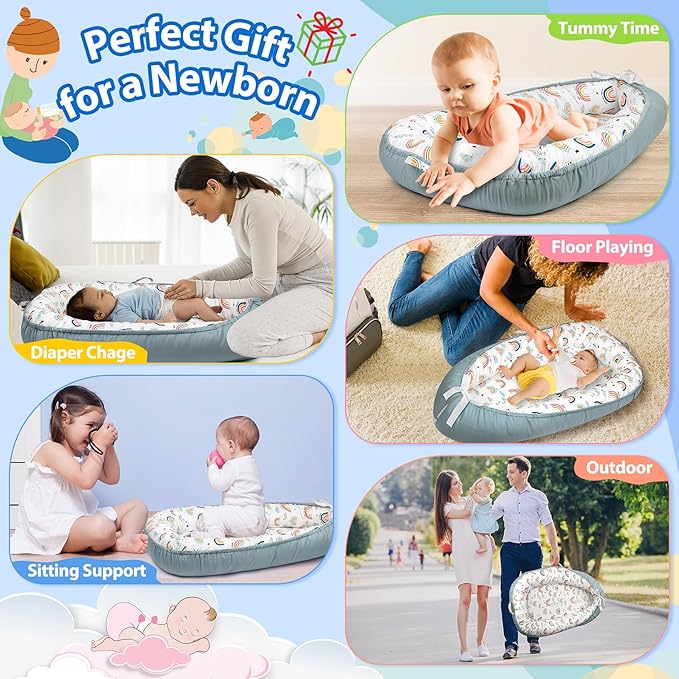 Baby Lounger - Baby Lounger for Newborn 0-24 Months, Breathable & Soft Baby Nest, Portable and Lightweight Lounger for Home and Travel, Ideal Newborn Babies Essentials (Blue-Rainbow)-CubbioJoy