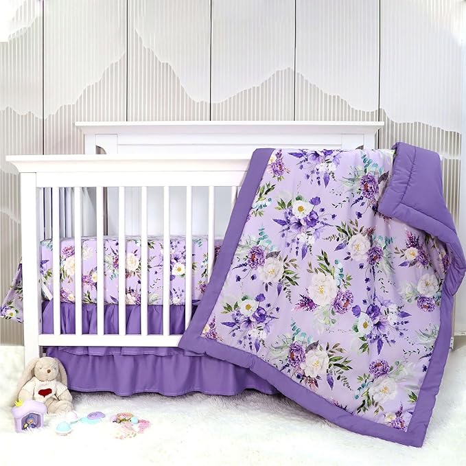 Crib Bedding Set for Girls, Purple Baby Crib Bedding Set 4 Piece, Baby Girl Nursery Bedding Set Including Comforter, Fitted Crib Sheet, Crib Skirt, Diaper Stacker, Floral-CubbioJoy