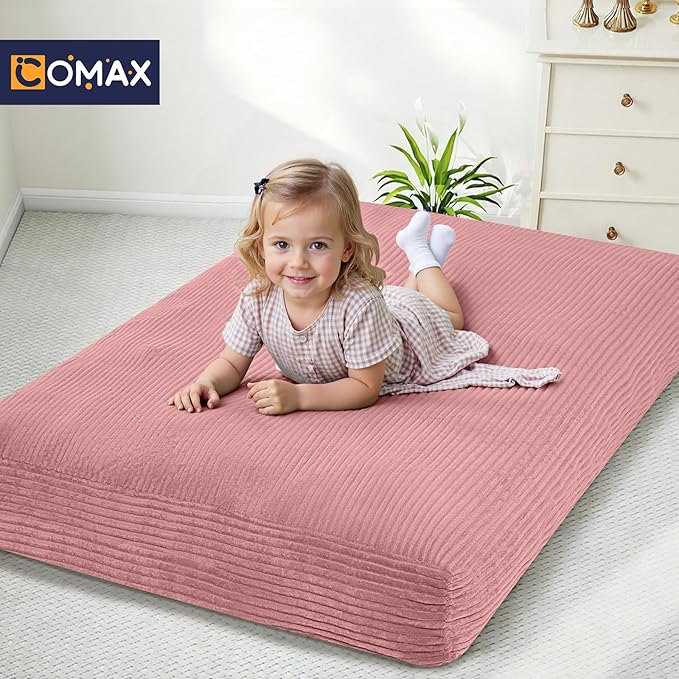COMAX Kids Bean Bag Chair Turn into Beanbag Bed, Toddler Bean Chair Corduroy for Girl Boy Sleeping, Lazy Children Bean Bags with Filler, Convertible Child Floor Mattress, Light Pink-CubbioJoy