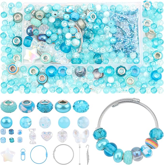 630pcs Beads for Bracelets Making Kit, European Large Hole Beads for Pens, 8mm Round Glass Beads with Charms Spacer Beads for DIY Bracelet Necklace Earring Jewelry Making (Lake Blue)-CubbioJoy