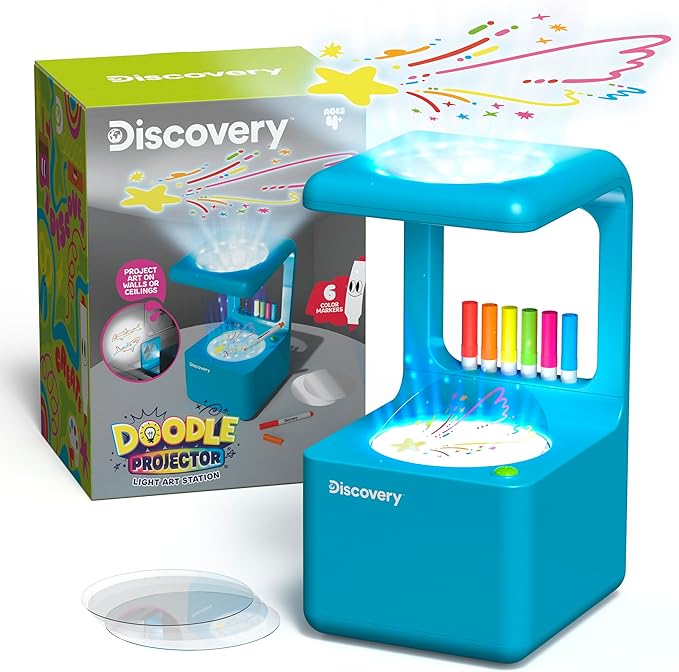 Discovery™ Doodle Projector Light Art Station – Includes 6 Dry-Erase Markers, 10 Reusable Drawing Discs, Project Drawings on Walls & Ceilings| Arts & Crafts Kit for Kids| Tracing Pad Coloring Toy Gift-CubbioJoy