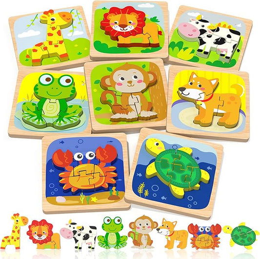 Benresive Wooden Toddler Puzzles, 8pcs Animal Montessori Toys for 1-3 Year Old Boys & Girls, Learning Educational Preschool Toys, Great Gifts for 1 2 3 Year Olds-CubbioJoy