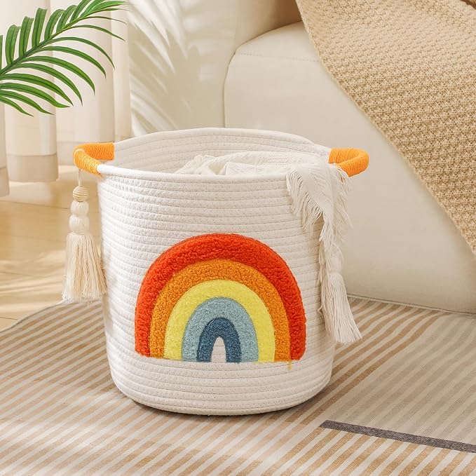 INough Toy Storage Baskets Woven Cotton Rope Storage Basket Kids Blanket Baskets for Living Room, Toys Organizer with Embroidery Colorful Rainbow Decor, Baby Basket for Laundry Nursery (Boho Rainbow)-CubbioJoy