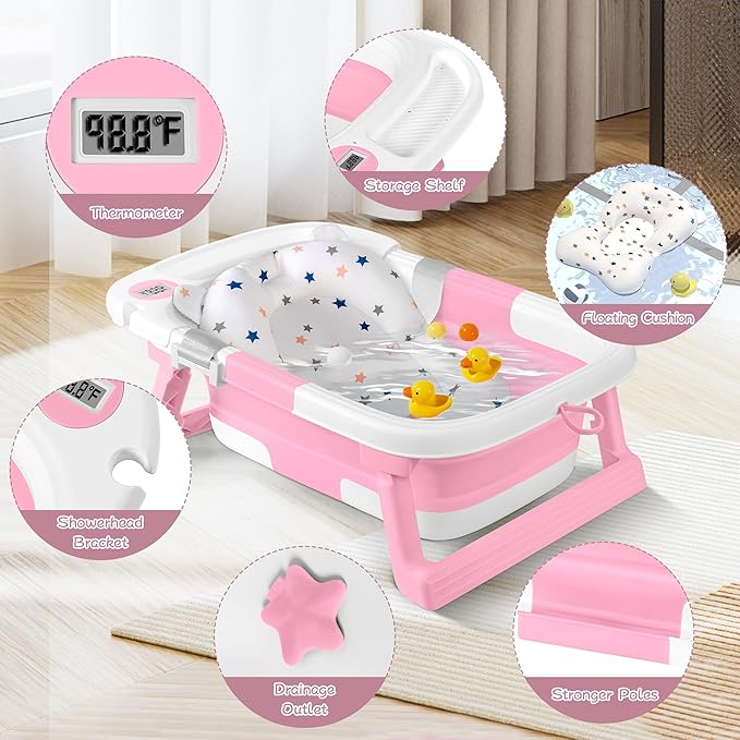 Collapsible Baby Bathtub,Baby Bath Tub with Thermometer & Soft Cushion,Baby Bathtub for Newborn to Toddler 0-36 Months,Portable Travel Baby Tub with No-Slip Feet,Baby Shower Gifts,Pink-CubbioJoy