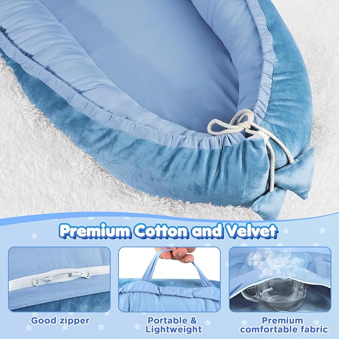Baby Lounger - Baby Lounger for Newborn 0-24 Months, Breathable & Soft Cotton and Velvet Cover Baby Nest, Portable Tummy Time Lounger for Home and Travel, Ideal Baby Essentials & Shower Gifts-CubbioJoy
