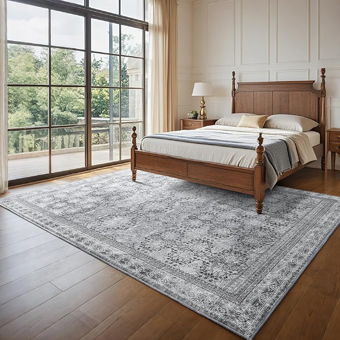 6x9 Washable Area Rug Non Slip, Faded Grey Living Room Rugs Low Pile, Thin Vintage Floral Carpets, Indoor Large Distressed Print Carpet for Bedroom Dining Room Farmhouse Home Office College Dorm-CubbioJoy