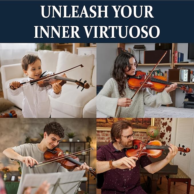 Cecilio 1/2 Size Natural Varnish Violin for Beginners, Hand-Carved Solid Spruce Top, Maple Back & Sides, Full Fiddle Kit with Hard Case, Bows, Rosin, Shoulder Rest, Lesson Book-CubbioJoy