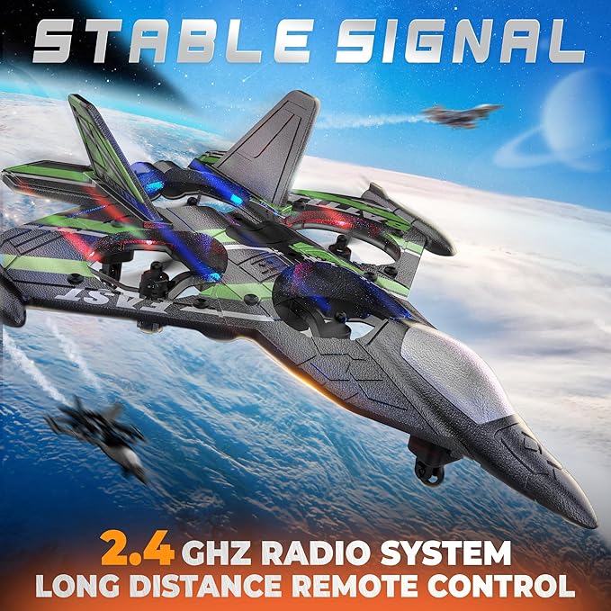 BEZGAR Drones for Kids | 2.4GHZ RC Plane, Remote Control Airplane, RC Helicopter, 360° Flip Fighter Jet Toy, Toys for Ages 8+ with Colorful LED Navigation Lights Green-CubbioJoy