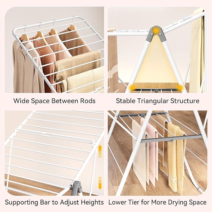 APEXCHASER Clothes Drying Rack, Foldable Drying Rack Clothing, Sturdy Metal Laundry Drying Rack, Height-Adjustable Gullwing, Easy to Fold, Space-Saving, for Indoor Outdoor, White-CubbioJoy