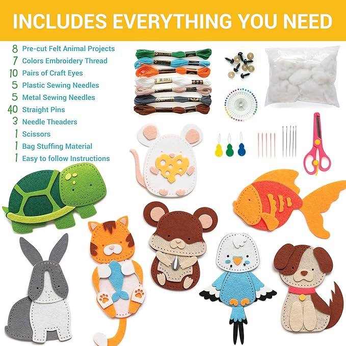 Craftorama Sewing Kit for Kids, Fun and Educational Pets Craft Set for Boys and Girls Age 7-12, Sew Your Own Felt Animals Craft Kit for Beginners, 165 Piece Set-CubbioJoy
