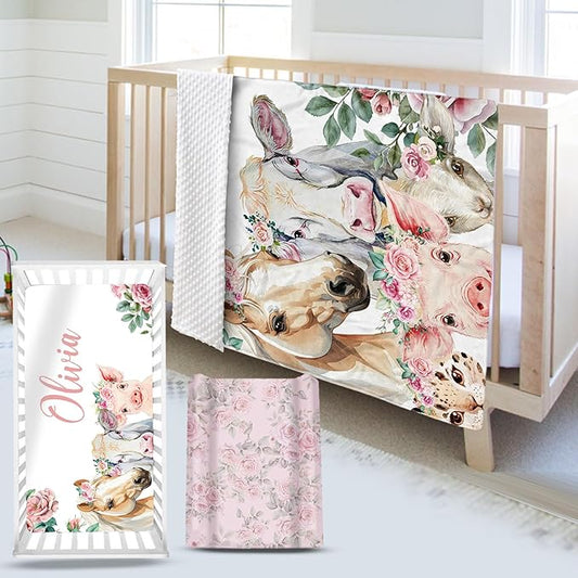 Custom Name Crib Bedding Set - Horse & Cow Pattern, Personalized Floral Nursery Bedding 3-Piece Set– Soft Blanket, Fitted Sheet, Changing Pad Cover – for Newborns Girls Nursery Gifts-CubbioJoy