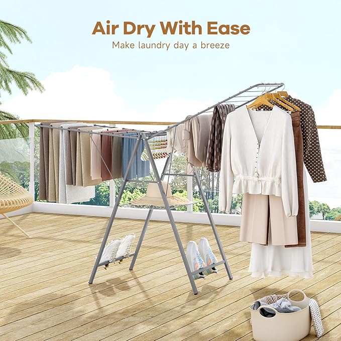 APEXCHASER Drying Rack Clothing, Clothes Drying Rack Foldable, Metal Laundry Drying Rack Collapsible for Sweater Towel Indoor & Outdoor, Height Adjustable Gullwing Clothes Airer, Grey-CubbioJoy