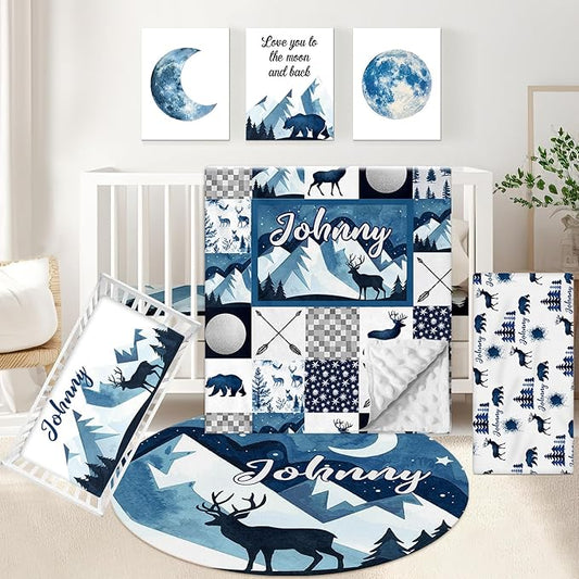 Custom 5-Piece Baby Crib Bedding Set, Personalized Name for Toddlers, Blue Deer Nursery Set for Boy Girl, Double Layer Infant Crib Set, Customized Gifts-CubbioJoy