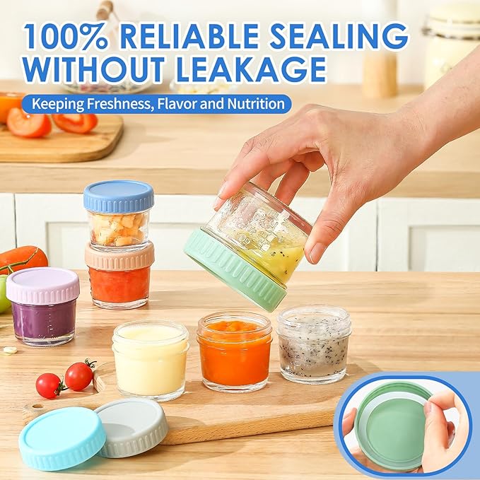 DRKIO 6 Pack Glass Baby Food Storage Containers - 4 Oz Baby Food Jars with Lids Baby Food Maker Microwave Dishwasher Freezer Safe 100% Leak Proof BPA Free Reusable-CubbioJoy
