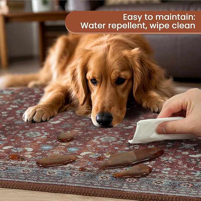 2x6 Washable Kitchen Runner Rug for Hallways, Non Slip Laundry Runners for Bathroom, Low Pile Rubber Backed Rugs for Entryway, Vintage Floral Carpet for Living Room Bedroom Brick Red-CubbioJoy