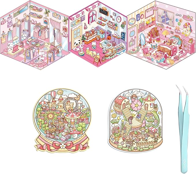 5 Set 3D Sticker Scene,Fun Room Sticker Book,Fun Stacking Miniature Scene Stickers,Make Your Own Stickers, 5 Set Cute Cartoon Sticker Therapy for Adults Kids-CubbioJoy