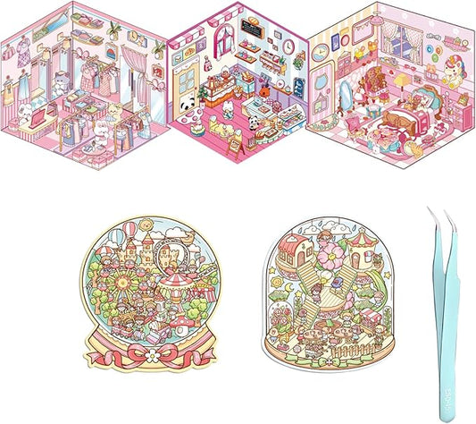 5 Set 3D Sticker Scene,Fun Room Sticker Book,Fun Stacking Miniature Scene Stickers,Make Your Own Stickers, 5 Set Cute Cartoon Sticker Therapy for Adults Kids-CubbioJoy