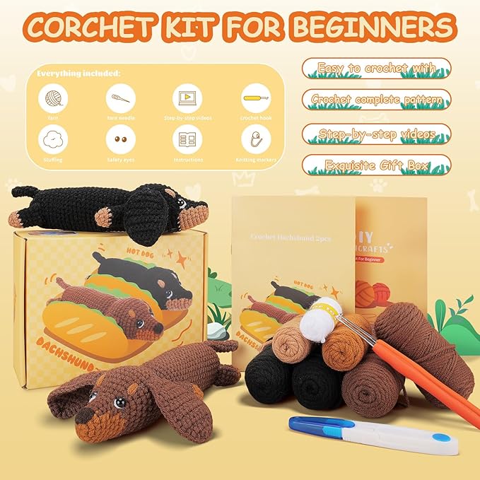 Crochet Kit for Beginners - 2 PCS Dachshund Crochet Kits with Step-by-Step Video Tutorials, Beginner Crochet Kit for Adults, Crochet Animal Kit for Kids, Dog Craft Knitting Kit-CubbioJoy
