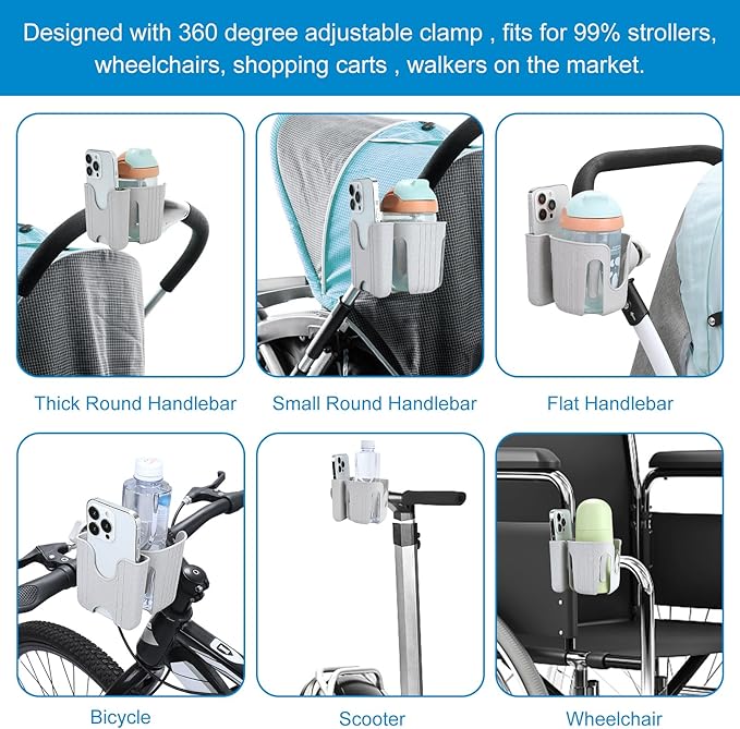 Accmor Stroller Cup Holder with Phone Holder, Bike Cup Holder, Universal Cup Holder for Uppababy Nuna Doona Strollers, 2-in-1 Cup Phone Holder for Stroller, Bike, Wheelchair, Walker, Scooter-CubbioJoy