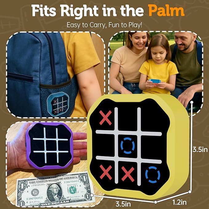 3 in 1 Electronic Tic Tac Toe Game, Handheld Digital Tic Tac Toe Bolt Game with Silent Mode, Portable Learing Toy Gift for Kids & Adults, Yellow-CubbioJoy