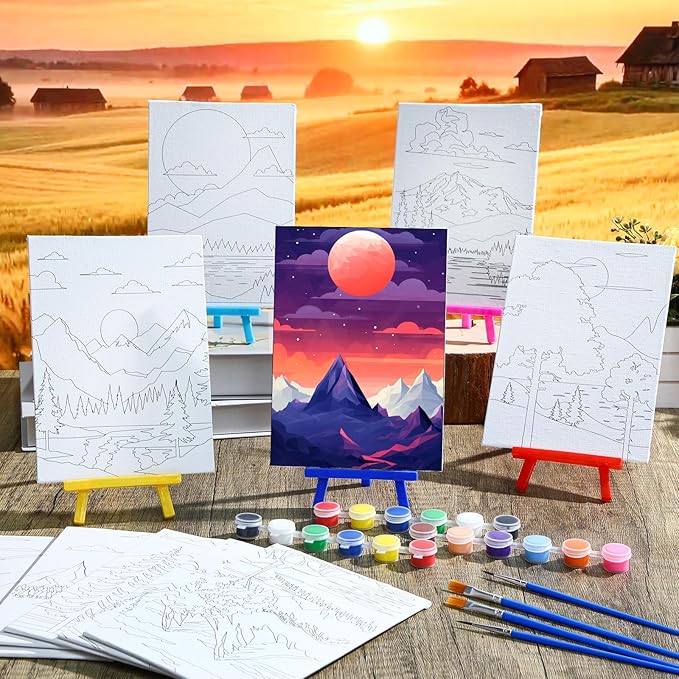 Blosssound 10 Set Pre Printed Canvas Pre Drawn Canvas Painting with Easel Kits 5" x 7" Outline Painting Panels for Beginners, DIY Craft Project, Party Favor, Home Decors(Sunset)-CubbioJoy