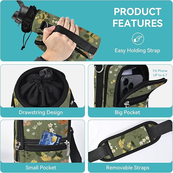 25/32/40/64oz Water Bottle Bag Holder Carrier-Insulated Crossbody Sling Case Sleeve with Strap & Pockets for Men Women Gym Cycling Travel Walking Hiking Camping-CubbioJoy