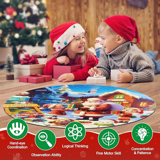 Christmas Puzzles for Kids Ages 4-6, Kids Puzzles with Santa Claus & Snowman,70 Piece Round Large Floor Puzzles for Kids Ages 3 4 5 6 7 8, Educational Toy Gift Jigsaw Puzzles for 5 Year Old Boys Girls-CubbioJoy