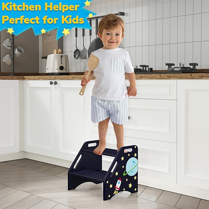 AMBIRD Toddler Step Stool, Space Wooden Two Step Stool for Kids with Non-Slip Pads, Portable Potty Training Stool with Handles for Bathroom, Sink, Kitchen, Bedroom-CubbioJoy