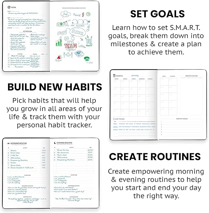 Undated Daily Planner – 1-Year B5 Productivity Organizer with Two-Page Weekly Spread, Goal Setting, Habit Tracker, Weekly & Monthly Pages – Hardcover Time Management Notebook (Black)-CubbioJoy