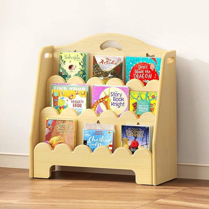 3-Tier Montessori Wooden Bookshelf for Kids, Toddler Book Rack Toy Organizer and Storage, Small Book Display Stand for Baby, Bookshelves Furniture for Classroom, Nursery, Playroom, Library-CubbioJoy
