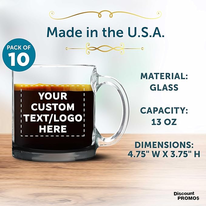 Custom Libbey Clear Glass Coffee Mugs 13 oz. Set of 10, Personalized Bulk Pack - Perfect for Coffee, Tea, Espresso, Hot Cocoa, Other Beverages - Black Bottom-CubbioJoy