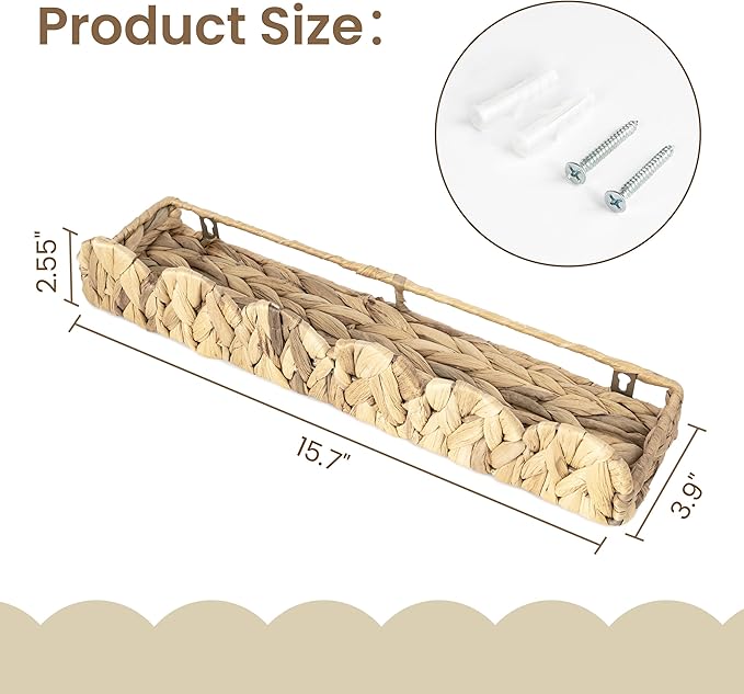 AELS Scalloped Nursery Bookshelf, Set of 2, Picture Ledge Shelf for Wall Decor, Woven Natural Water Hyacinth Floating Shelves for Books, Toys, Photo Frames, Nursery, Boho Modern Farmhouse Book Shelf-CubbioJoy