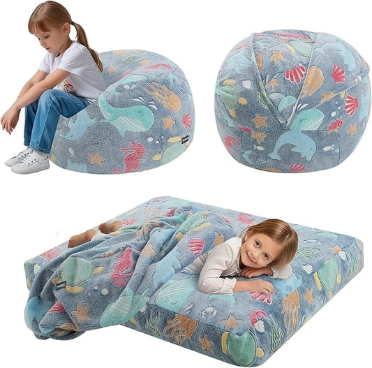 COMAX Kids Bean Bag Chair Turn into Beanbag Bed, Toddler Bean Chair for Girl Boy Sleeping, Lazy Children Bean Bags with Filler, Convertible Child Floor Mattress, Ocean Life-CubbioJoy
