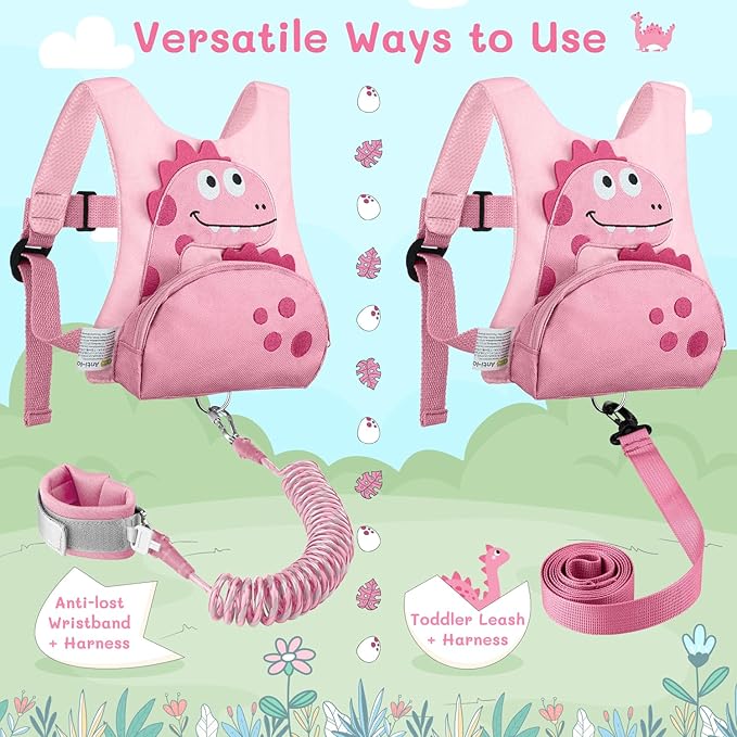 Dr.meter 3 in 1 Toddler Harness Leash + 8.2ft Anti Lost Wrist Link, Cute Dinosaur Kids Anti Lost Leash with Key Lock, Child Walking Harness for Parent Boys Girls Keep Kids Close, Travel Essensials-CubbioJoy