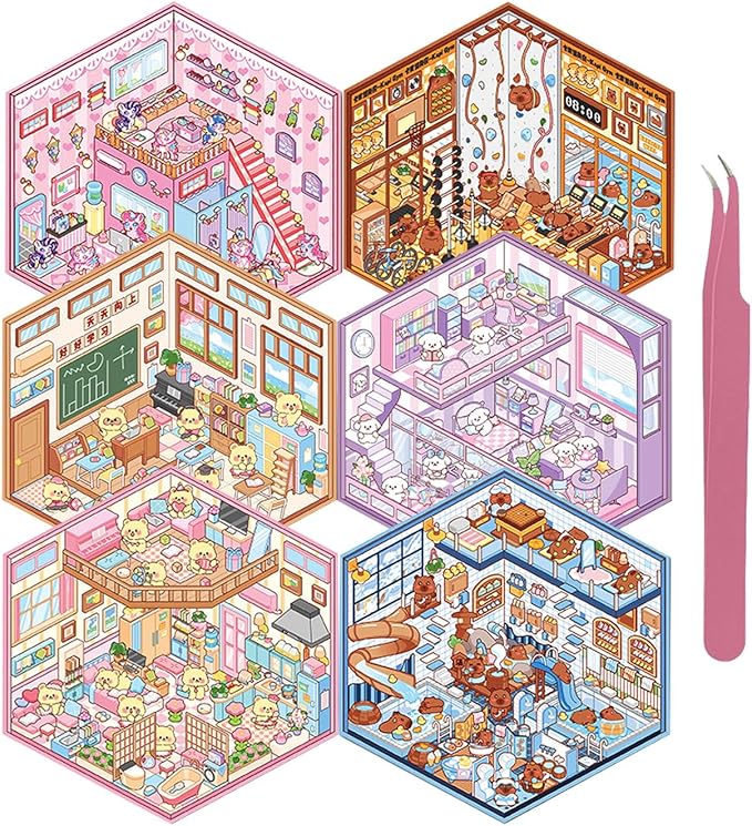 DIY 3D Sticker Scene, 6 Sets of Aesthetic Stickers for Girls Make Your Own Mini Shop Scenes Stickers for Kids Sticker Therapy for Adult Relief Stress Pass The Time-CubbioJoy