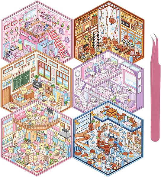 DIY 3D Sticker Scene, 6 Sets of Aesthetic Stickers for Girls Make Your Own Mini Shop Scenes Stickers for Kids Sticker Therapy for Adult Relief Stress Pass The Time-CubbioJoy