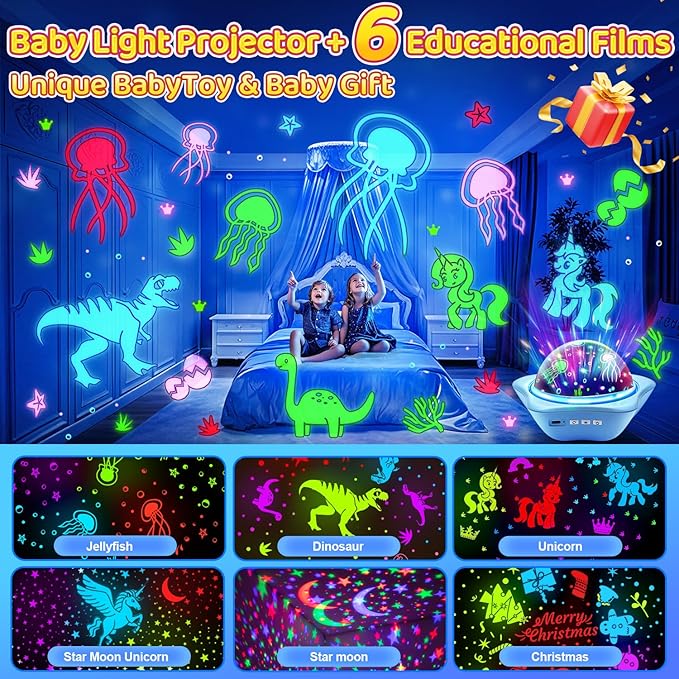 Jellyfish Baby Night Light Projector, Dinosaur+Jellyfish+Unicorn Night Light Projector, 96 Projection Options+USB Rechargeable Baby Sleeping Toys Baby Gifts,Jellyfish Lamp Baby Toys Baby Gifts Newborn-CubbioJoy