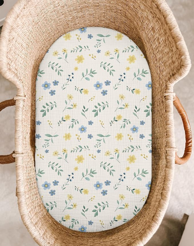 Bassinet Sheet for Baby Boy and Girl 2 Pack, Fitted Sheets for Rectangle, Oval, Hourglass Bassinet Mattress, Muslin Moses Basket Sheets with Neutral Style (Spring Garden & Sage)-CubbioJoy