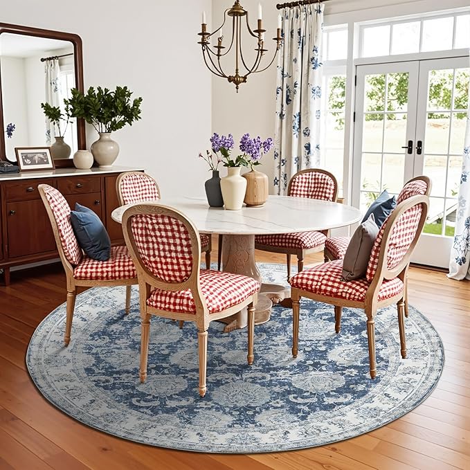 jinchan Round Rug 8ft Area Rug - Dark Blue Vintage Floor Mat Kitchen Indoor Ultra-Thin Soft Floral Print - Washable Circle 8' Retro Accent for Farmhouse Non Slip Dining Room Living Room Bedroom Office-CubbioJoy